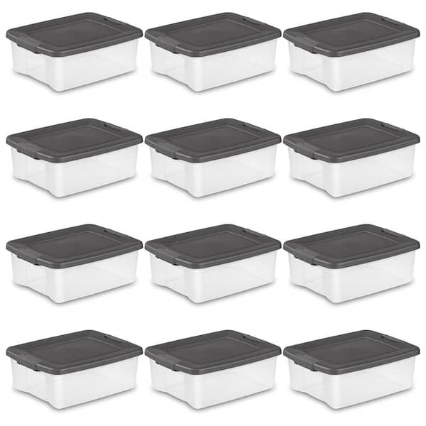  Sterilite 200 Quart Plastic Stacker Box, Lidded Storage Bin  Container for Home and Garage Organizing, Shoes, Tools, Clear Base & Gray  Lid, 12-Pack