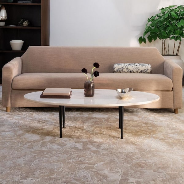 Mylo 59 in. Creamy White Oval Italian Botticino Marble Coffee Table with Slim Metal Legs