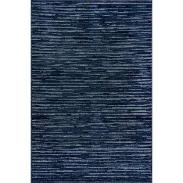 Linea Navy 8 ft. x 10 ft. Rubber Back Washable Modern Striped Indoor Outdoor Patio Area Rug