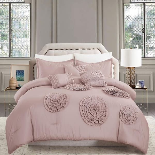 Shatex 6-Piece Pink Floral Polyester King Comforter Set