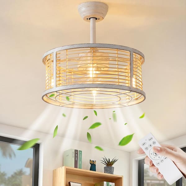KAISITE 19 in. Indoor Rattan Rope 4-Light Boho White Caged Ceiling Fan With Light And Remote Control 6-Speed Reversible Motor