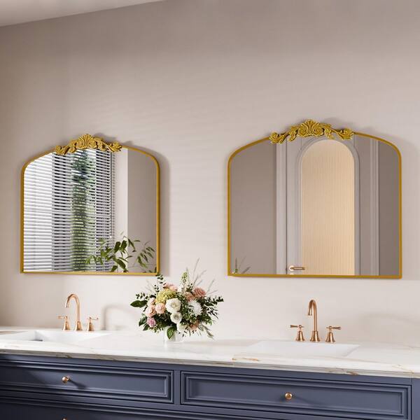 Swafrrt 36 in W x 30 in. H Arched Antique Gold Framed with Carved