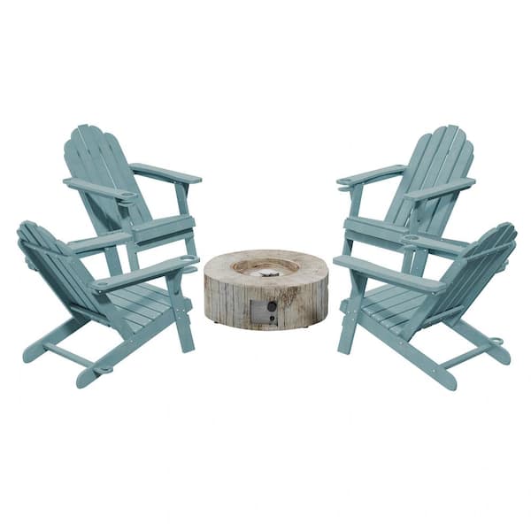 Clihome 5-Piece Set Outdoor Adirondack HDPE Material Plastic Teal Chair with 28 in. Composite Material Patio Fire Pit Table