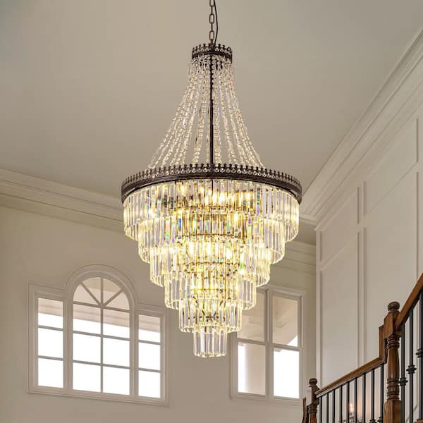 20 in. Black 12-Light Crystal Rustic Chandelier with Remote Control for Kitchen Island Living Room (Bulbs Not Included)