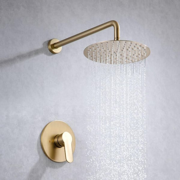 Single-Handle 1-Spray Round High Pressure Shower Faucet with 10 in. Shower Head in Brushed Gold (Valve Included)