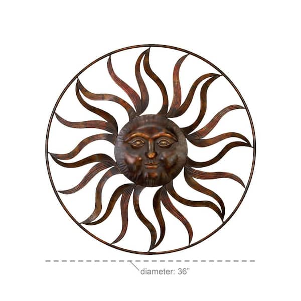 36 in. x 36 in. Metal Brown Indoor Outdoor Sun Wall Decor with Colorful Painted Accents