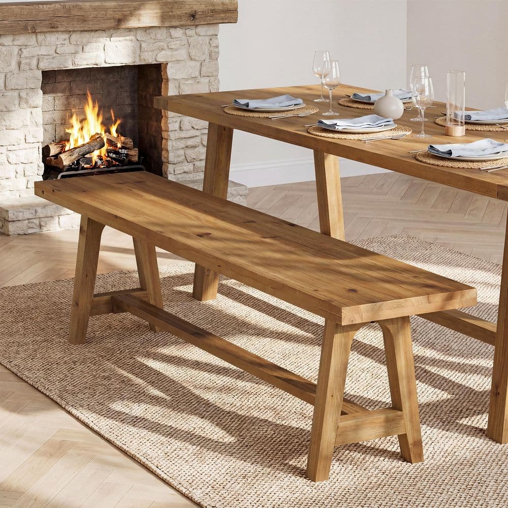 Farmhouse 62.99 in. Brown Solid Wood Dining Bench, Backless Bench for Dining Room, Entryway