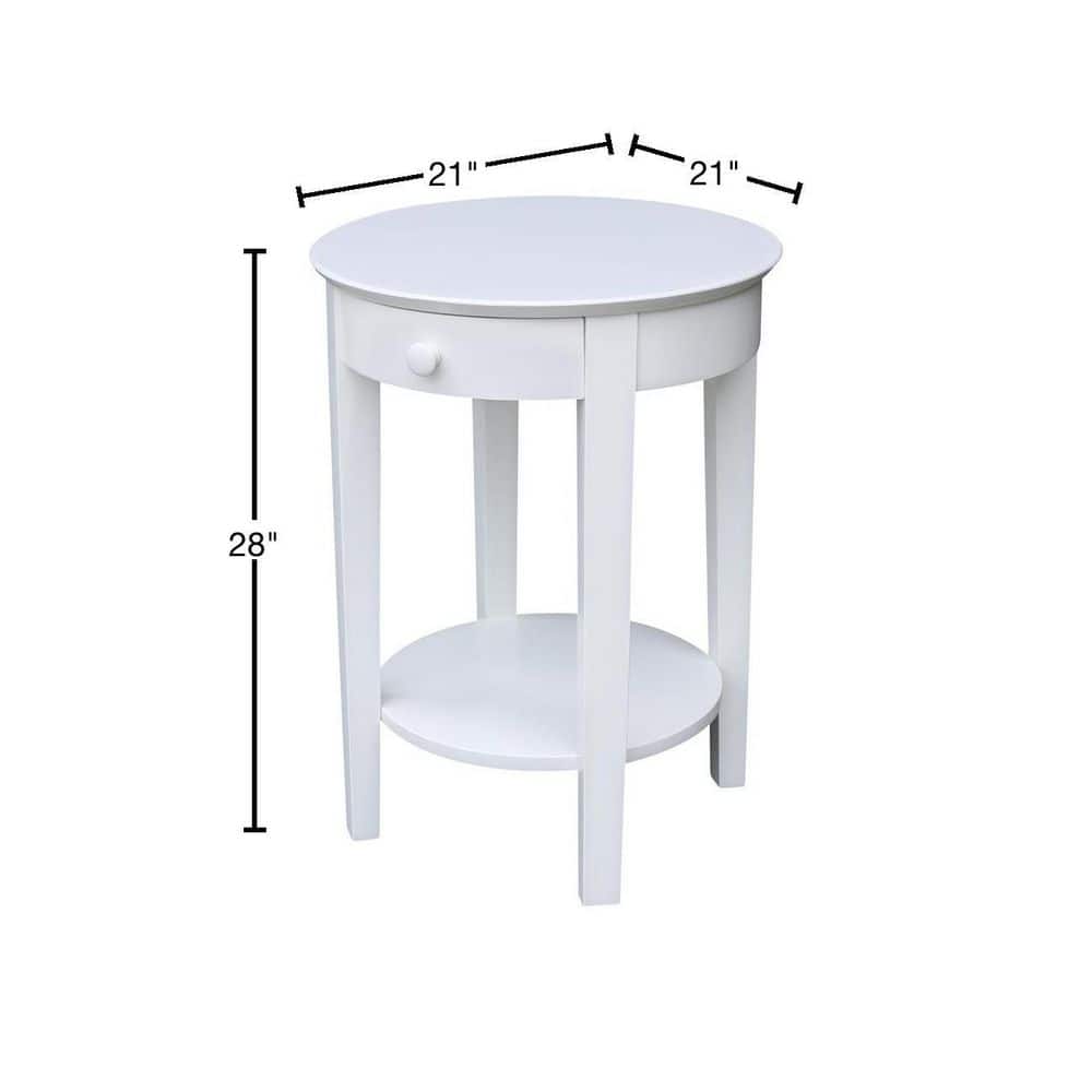 Elegant Round White Parawood Accent Table with Drawer and Shelf