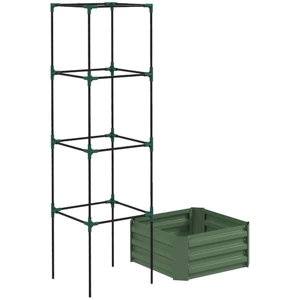 Otryad 24 in. x 24 in. x 12 in. Green Galvanized Raised Garden Bed Outdoor Planter Box with Trellis Tomato Cage and Open Bottom