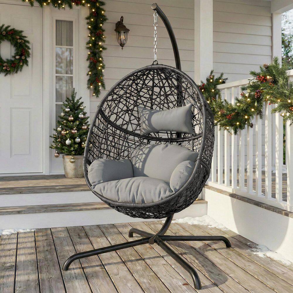 1-Person Oversized Outdoor Light Gray Wicker Patio Porch Swing Hanging Egg Chair with Cushion and Stand, 450lb Capacity price history on PriceWatchPro