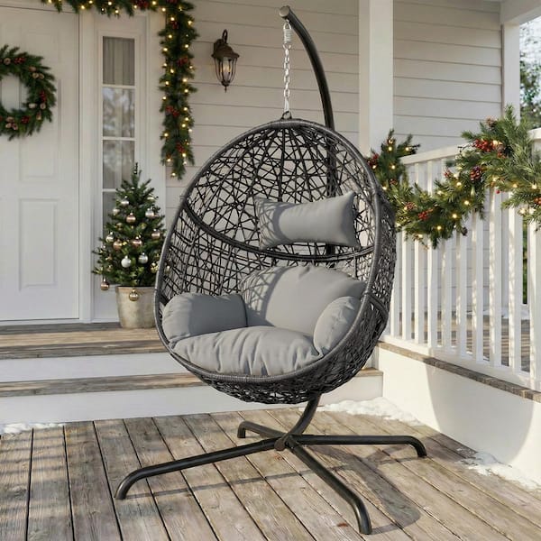 1-Person Oversized Outdoor Light Gray Wicker Patio Porch Swing Hanging Egg Chair with Cushion and Stand, 450lb Capacity