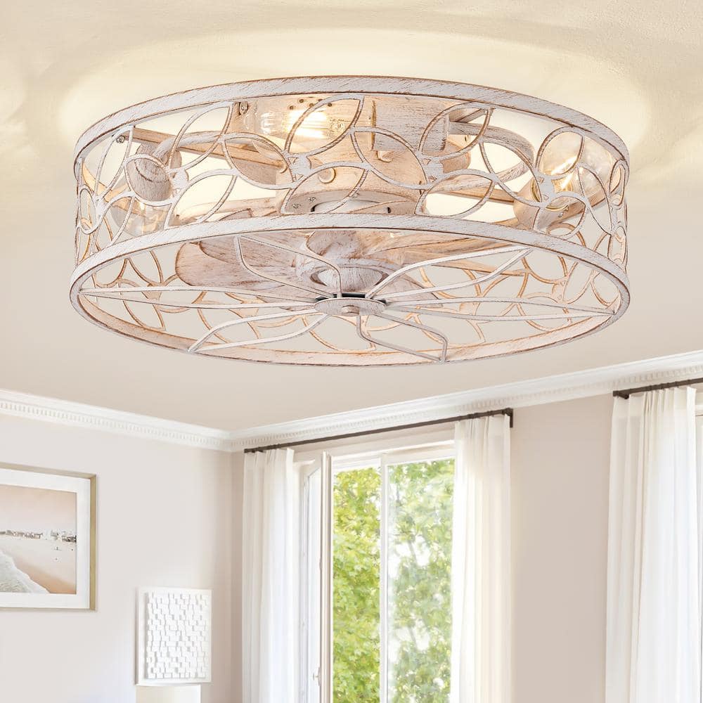 18" White and Gold Caged Ceiling Fan with LED Lights and Remote Control