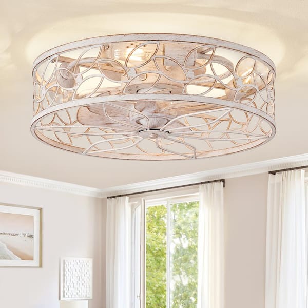 18 in. Indoor White Gold Flush Mount Caged Ceiling Fan with Light Kit and Remote Control