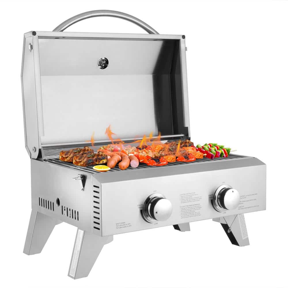 Portable Grill – Table Top Stainless Steel Propane Gas BBQ for Camping and  Outdoor – 2 Burners –20,000 BTU Power - Folding Legs – Wind Proof Lid –