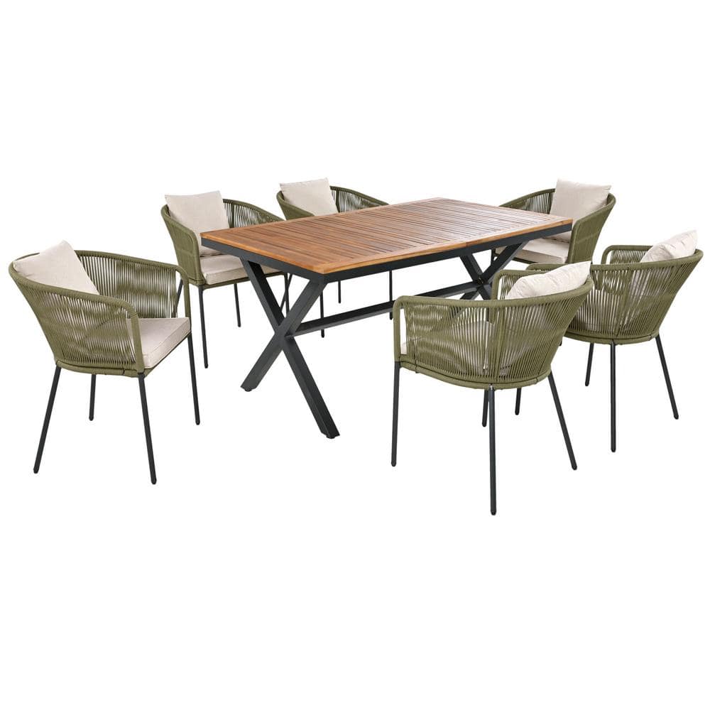 7-Piece Wood Outdoor Patio Conversation Set with Beige Cushions Outdoor Pat