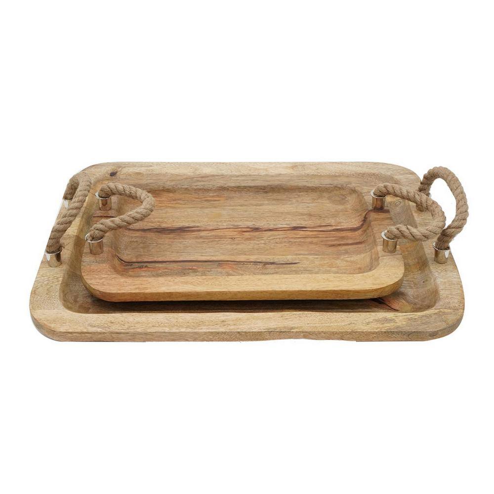Rustic Brown Mango Wood Trays with Twisted Jute Handles, Set of 2