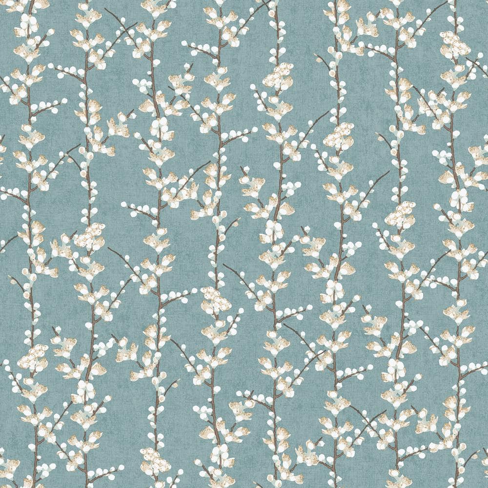 Spring Blossom Collection Sakura Row Floral Tree Stem Blue Matte Finish Non