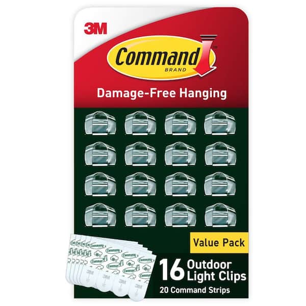 Outdoor Light Clips, Clear, Damage Free Decorating, 16 Clips and 20 Command Strips
