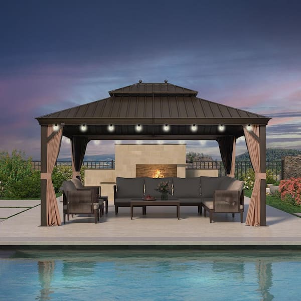 13 ft.x 15 ft.Bronze Patio Outdoor Gazebo for Backyard Hardtop Aluminum Frame with Hooks,Netting,Khaki Curtain,24 Lights