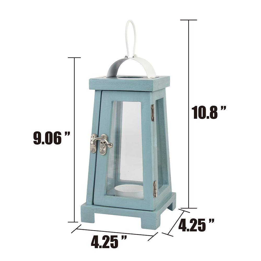 Nautical Blue Painted Wood Tabletop Hurricane Candle Lantern