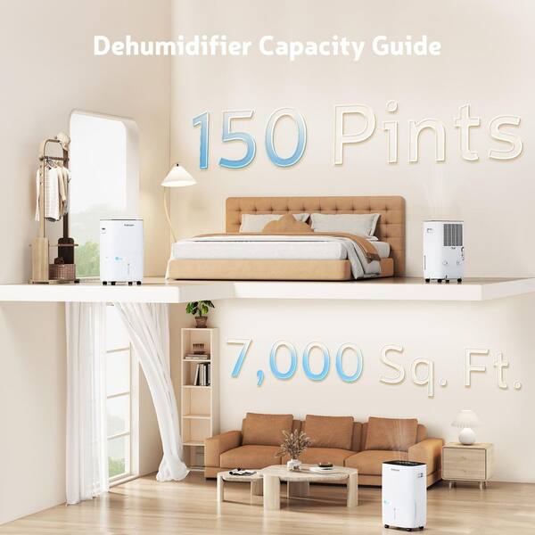 150 pt. 7,000 sq. ft. Home Dehumidifier in White with Bucket and Drain Hose for Bedroom, Basement, Bathroom and Laundry
