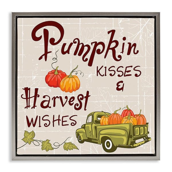 Stupell Industries Farmhouse Pumpkin Kisses by Diane Labombarbe 1-Piece Floater Frame Graphic Print Typography Art Print 18 in. x 18 in.