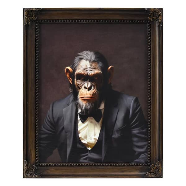 Funny Dapper Chimp Wall Art Bronze Brushed Framed Vintage Animal Picture 16.5" x 13.5" for Bathroom, Bar, Brown/Black