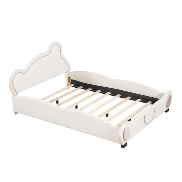 Nestfair Beige Upholstered Wood Frame Full Size Platform Bed with Storage Pocket