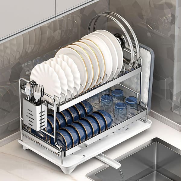 2-Tier Countertop Mount Dish Drying Rack with Removable Cutlery Basket Drainage Board, Suitable for Kitchen Bars, Silver