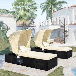 2-Piece Wicker Outdoor Chaise Lounge with Beige Cushions, Canopy and Cup Table