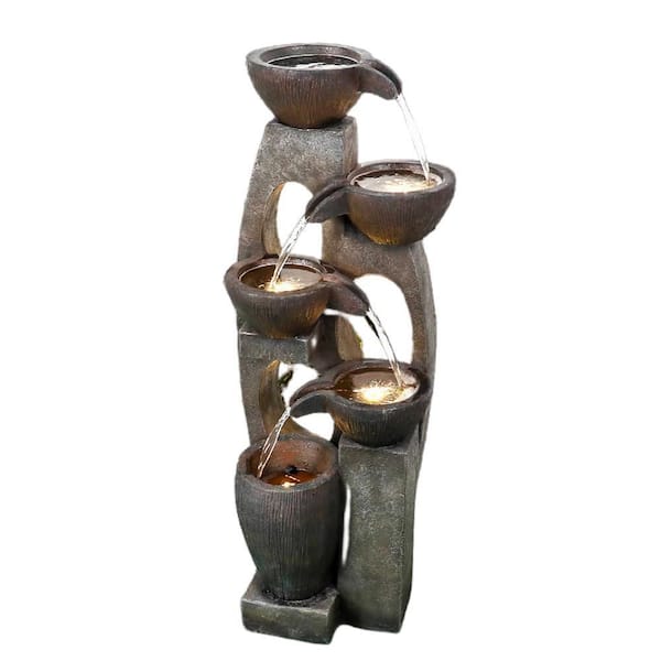 Unbranded 39 in. Tall Outdoor 5-Tiered Polyresin Water Fountain With Warm Led Lights