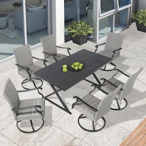 7-Piece Wicker Outdoor Dining Set with Swivel Chairs and Steel Slat Table