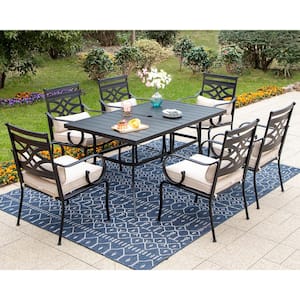 7-Piece Metal Patio Outdoor Dining Set with Slat Table and Stationary Chair with Beige Cushions