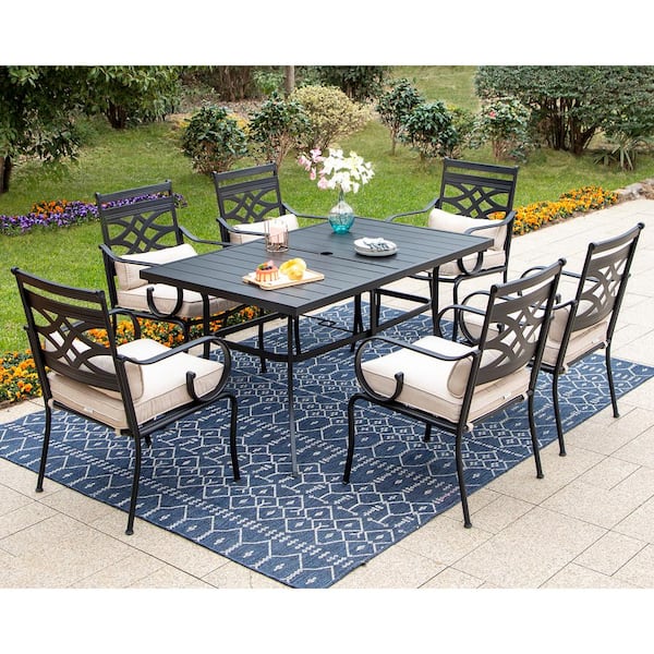 PHI VILLA 7-Piece Metal Patio Outdoor Dining Set with Slat Table and Stationary Chair with Beige Cushions