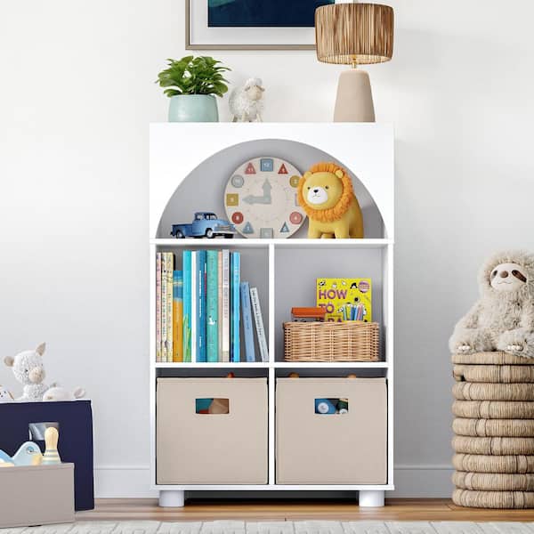 RiverRidge Home Kids Curve Appeal 23 in. Wide 4 Cubby Bookcase with 2-Piece Taupe Bins