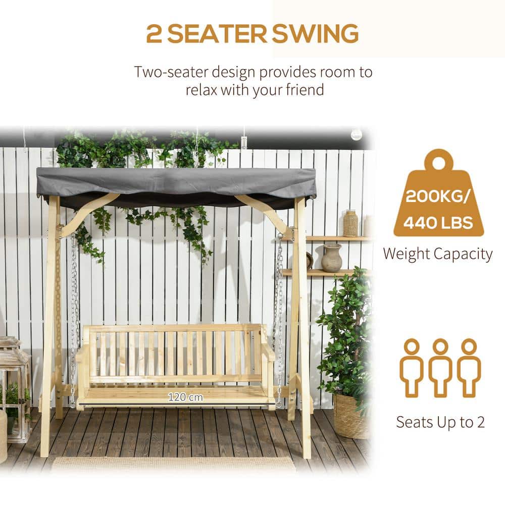 Rustic Fir Wood 2-Seater Porch Swing with Adjustable Canopy