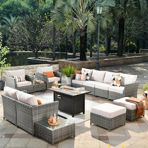 Eufaula Gray 13-Piece Wicker Modern Outdoor Patio Fire Pit Conversation Sofa Seating Set with Beige Cushions