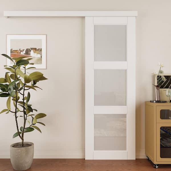 28 in. x 96 in. Hidden Track Style 3-Lite Tempered Frosted Glass White Primed MDF Sliding Barn Door with Hardware Kit