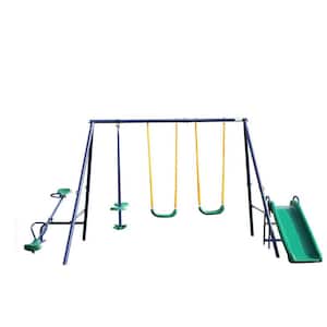 Metal Outdoor Swing Set with 2 Swing Seats, 1 Glider, 1 Slide and 1 Teeter-Totter
