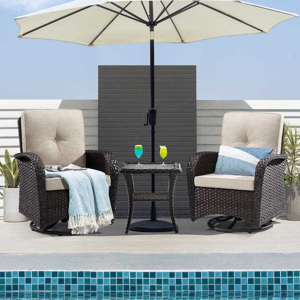 Gardenbee 3-Pcs Dark Brown Wicker Outdoor Rocking Chair Patio Conversation Set Swivel Chairs with Beige Cushions and Table