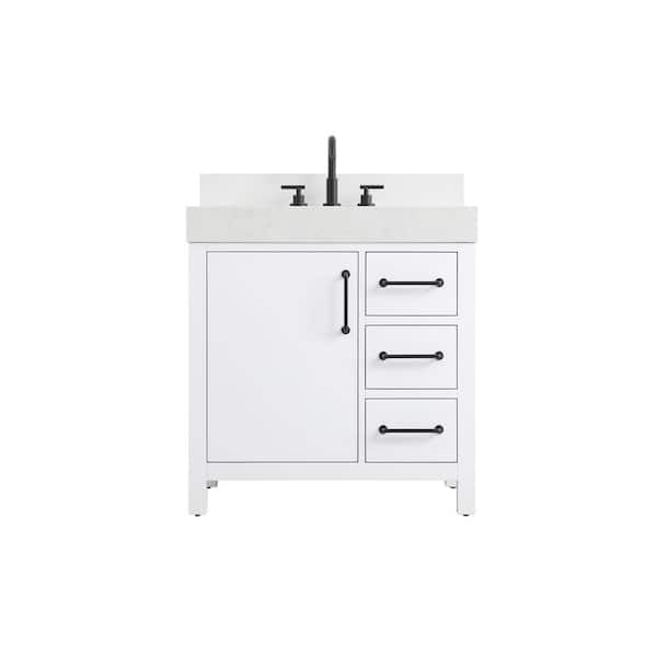 32 in. Single Sink White Bath Vanity with White Engineered Marble Top and Backsplash