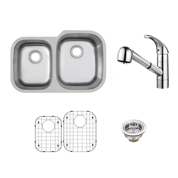 31.5 in. Undermount 40/60 Double Bowl 18-Gauge Stainless Steel Kitchen Sink with Pull-Out Polished Chrome Kitchen Faucet