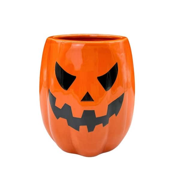 6.3 in. Ceramic Pumpkin Utensil Crock, Cute Halloween Utensil Holder, Rustic Halloween Countertop Kitchen Decor