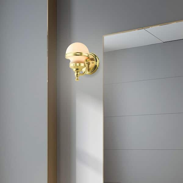 Bellhurst 5.5 in. Width 1-Light Polished Brass Sconce with Satin Opal White Glass