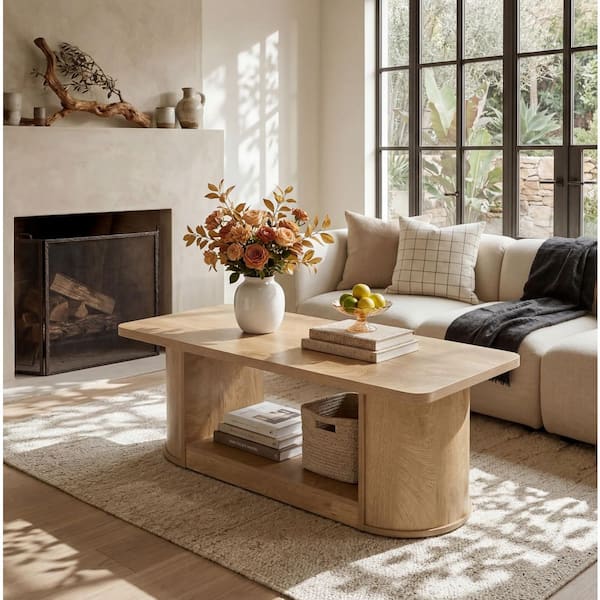 BYBLIGHT Light Brown 47.3 in. Rectangle Wood Coffee Table with