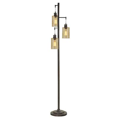 72 in. Bronze Floor Lamp with Dimpled Amber Glass Shades