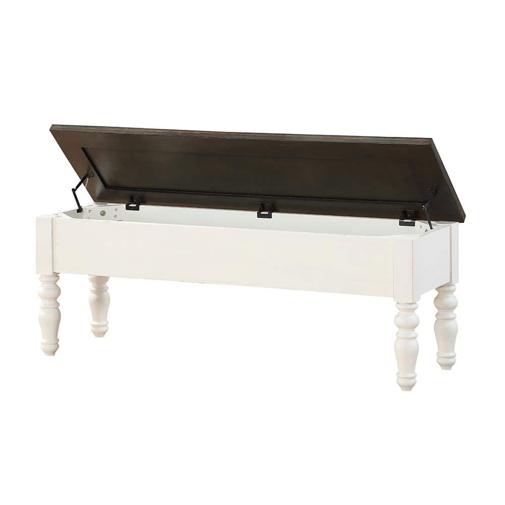 Transitional Ivory and Dark Oak Storage Bench with Turned Legs