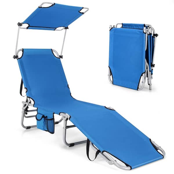 HONEY JOY Blue Foldable Metal Sun Shading Outdoor Chaise Lounge Chair Adjustable Beach Recliner
