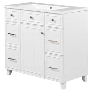 36 in. W x 18 in. D x 34.3 in. H White Linen Cabinet with 3-Drawers, Bath Vanity and White Resin Sink Top