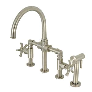 Hamilton Double-Handle Deck Mount Gooseneck Bridge Kitchen Faucet with Brass Sprayer in Brushed Nickel